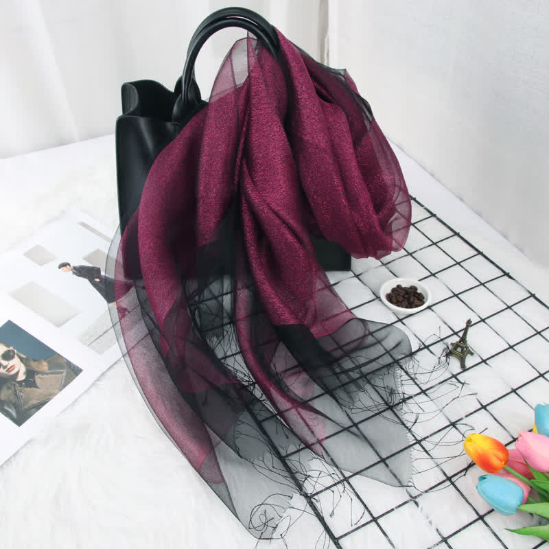 Bufanda de seda de organza con borlas brillantes y doble capa para mujer