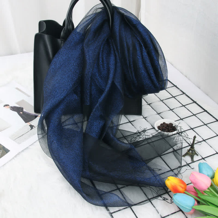 Bufanda de seda de organza con borlas brillantes y doble capa para mujer