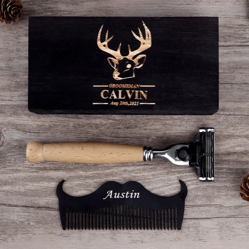 Juego de 3 navajas de afeitar personalizadas con nombre para padrinos de boda y caja de madera - 3 piezas - image 1