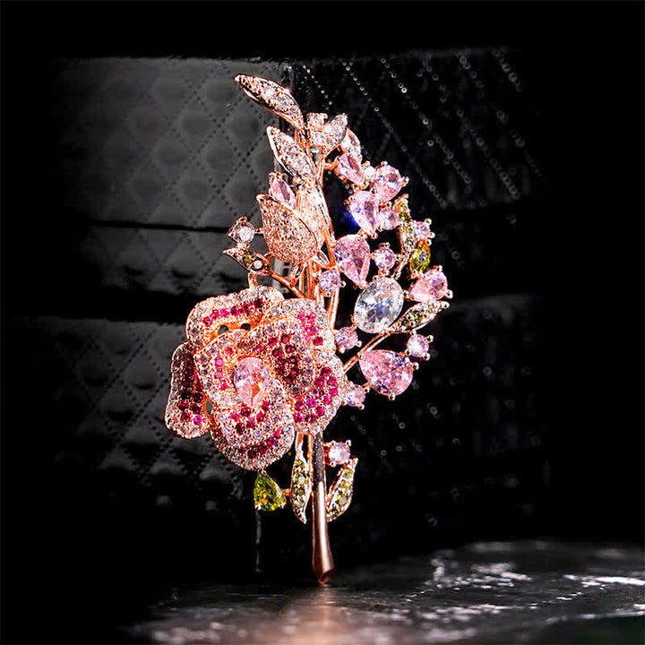 Broche de circonita con ramo de flores rosas para mujer