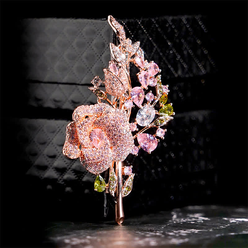 Broche de circonita con ramo de flores rosas para mujer