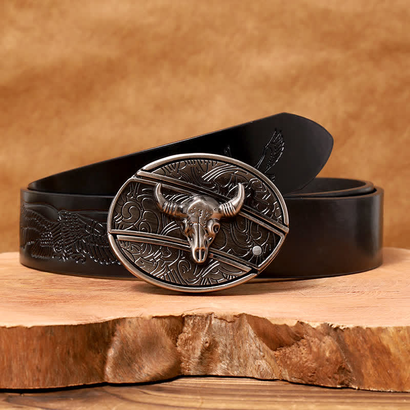Cinturón de cuero con cuchillo plegable oculto de toro Longhorn para hombre