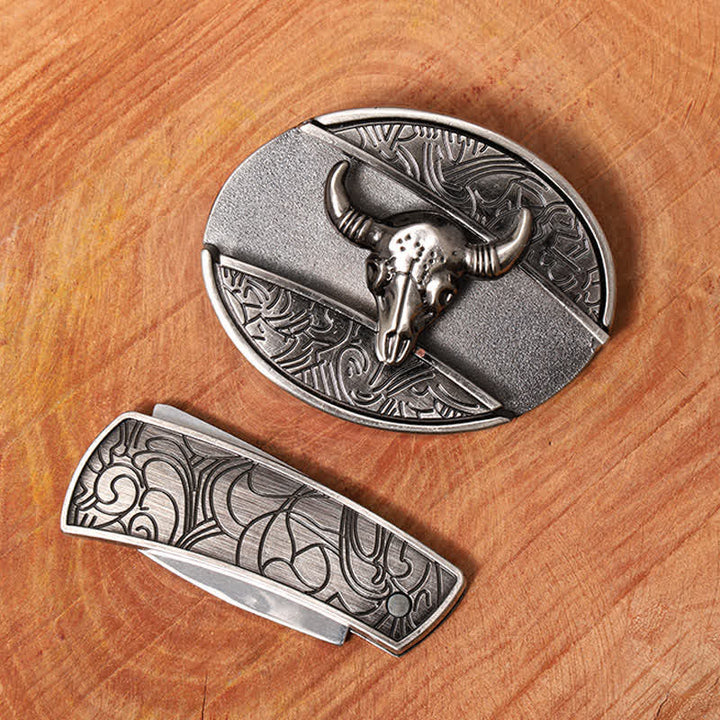 Cinturón de cuero con cuchillo plegable oculto de toro Longhorn para hombre