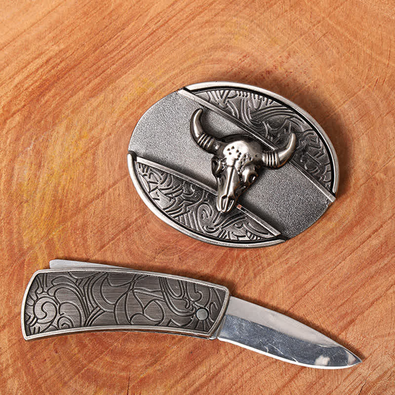 Cinturón de cuero con cuchillo plegable oculto de toro Longhorn para hombre