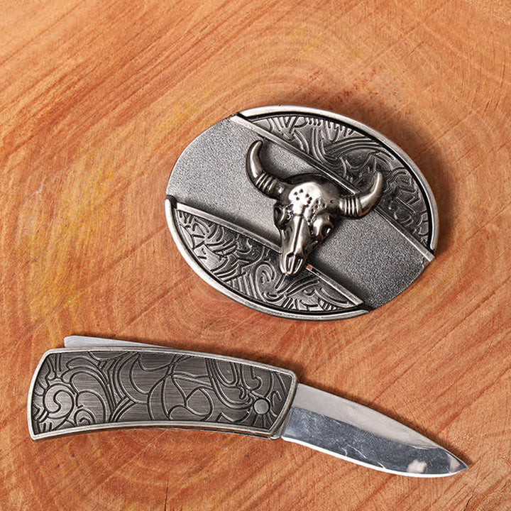 Cinturón de cuero con cuchillo plegable oculto de toro Longhorn para hombre