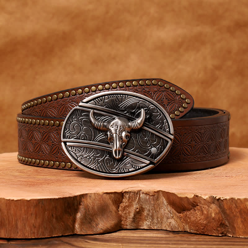 Cinturón de cuero con cuchillo plegable oculto de toro Longhorn para hombre