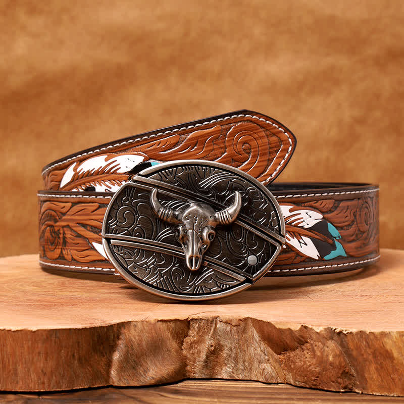 Cinturón de cuero con cuchillo plegable oculto de toro Longhorn para hombre