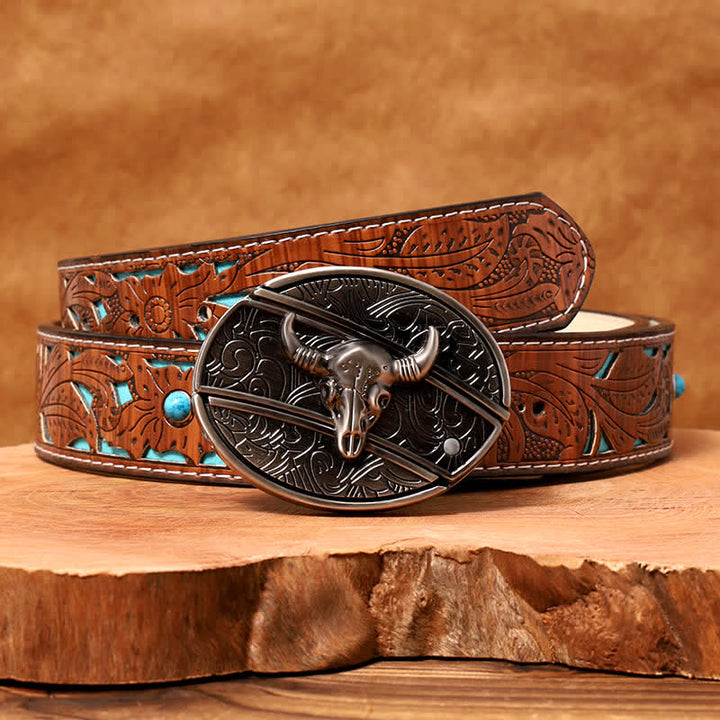 Cinturón de cuero con cuchillo plegable oculto de toro Longhorn para hombre
