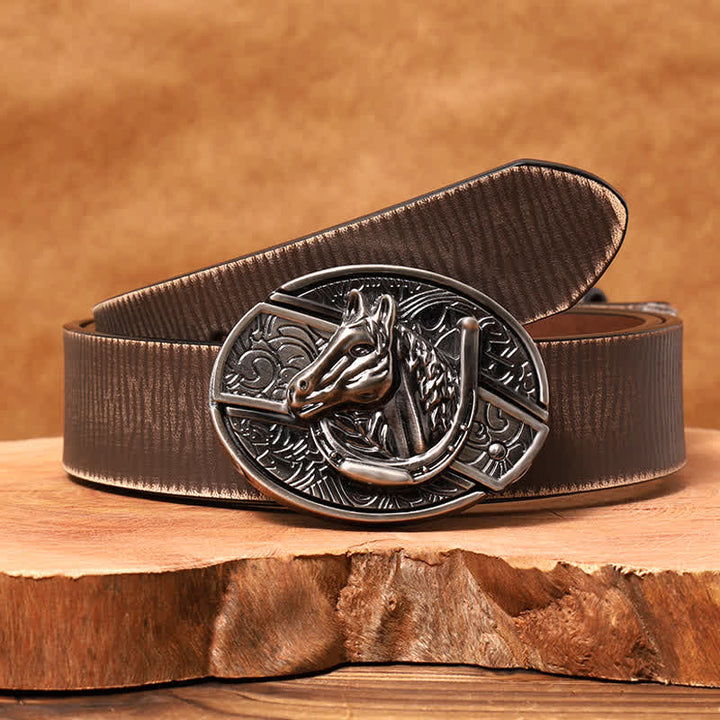 Cinturón de cuero con cuchillo plegable oculto con cabeza de caballo para hombre - Cabeza de caballo - Cinturón marrón desgastado - 42 - image 10