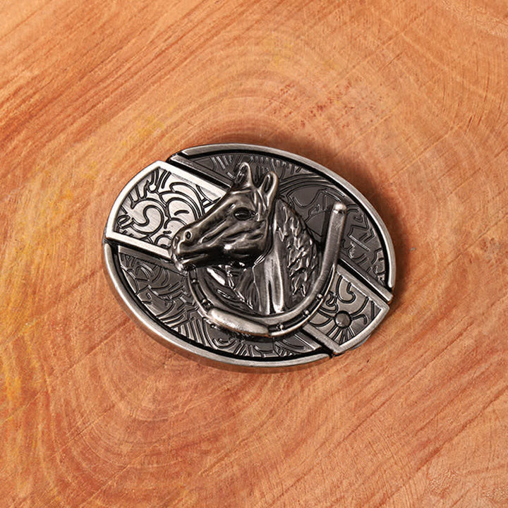 Cinturón de cuero con cuchillo plegable oculto con cabeza de caballo para hombre - image 4