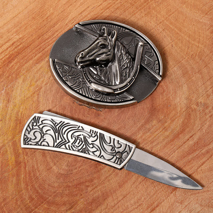 Cinturón de cuero con cuchillo plegable oculto con cabeza de caballo para hombre