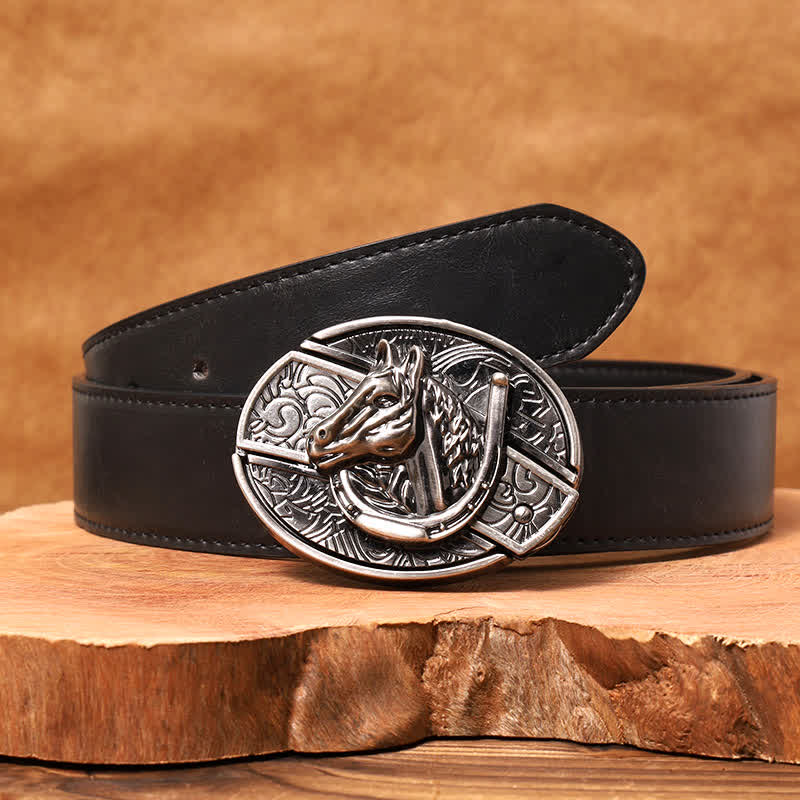 Cinturón de cuero con cuchillo plegable oculto con cabeza de caballo para hombre