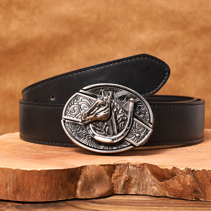 Cinturón de cuero con cuchillo plegable oculto con cabeza de caballo para hombre