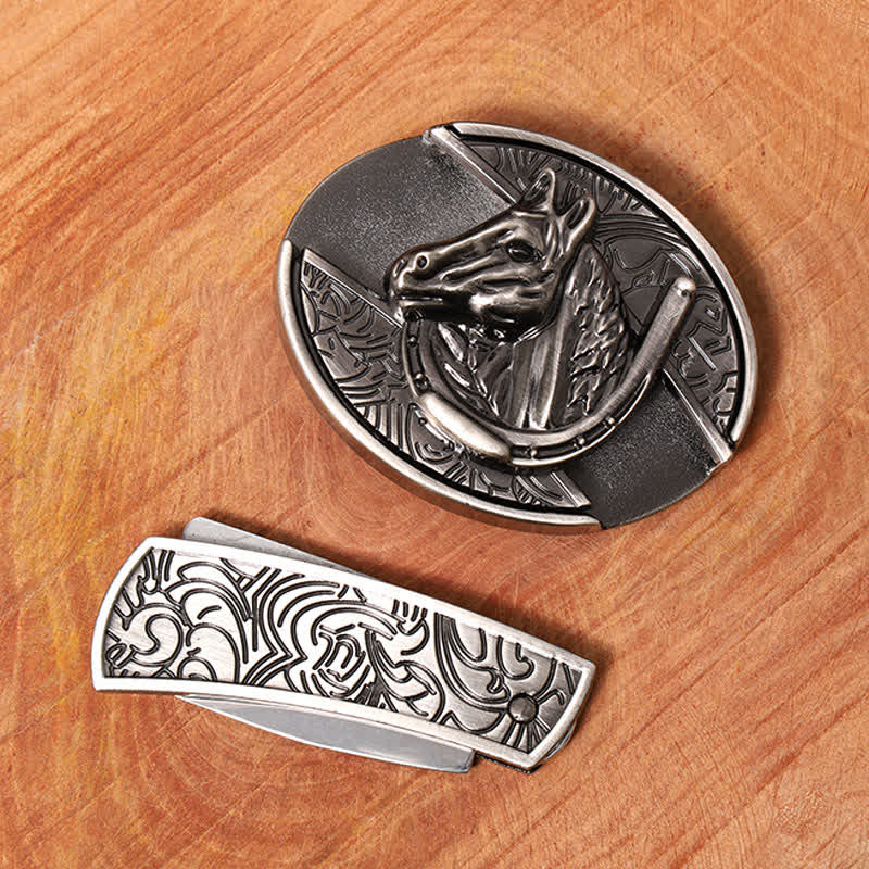 Cinturón de cuero con cuchillo plegable oculto con cabeza de caballo para hombre