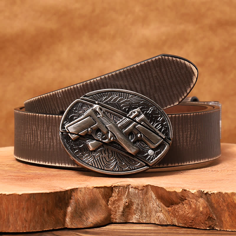 Cinturón de cuero con cuchillo plegable oculto de doble pistola para hombre - Pistola doble - Cinturón marrón desgastado - 42 - image 8