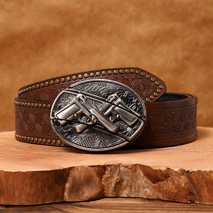 Cinturón de cuero con cuchillo plegable oculto de doble pistola para hombre - Pistola doble - Cinturón con remaches marrones - 42 - image 7