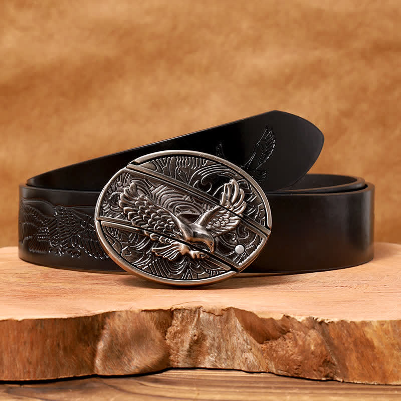 Cinturón de cuero con cuchillo plegable oculto Soaring Eagle para hombre - Águila en vuelo - Cinturón de águila negra en relieve - 42 - image 8
