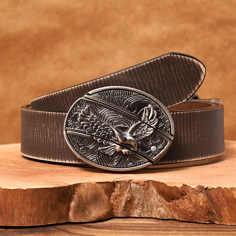 Cinturón de cuero con cuchillo plegable oculto Soaring Eagle para hombre - Águila en vuelo - Cinturón marrón desgastado - 42 - image 10