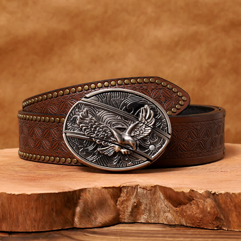 Cinturón de cuero con cuchillo plegable oculto Soaring Eagle para hombre - Águila en vuelo - Cinturón con remaches marrones - 42 - image 9