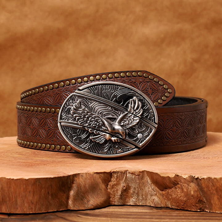 Cinturón de cuero con cuchillo plegable oculto Soaring Eagle para hombre - Águila en vuelo - Cinturón con remaches marrones - 42 - image 9
