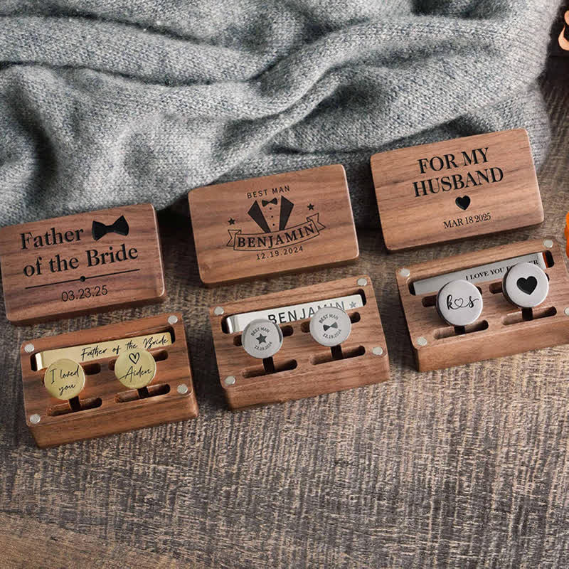 Juego de 1 par de gemelos y pasador de corbata de metal con nombre personalizado