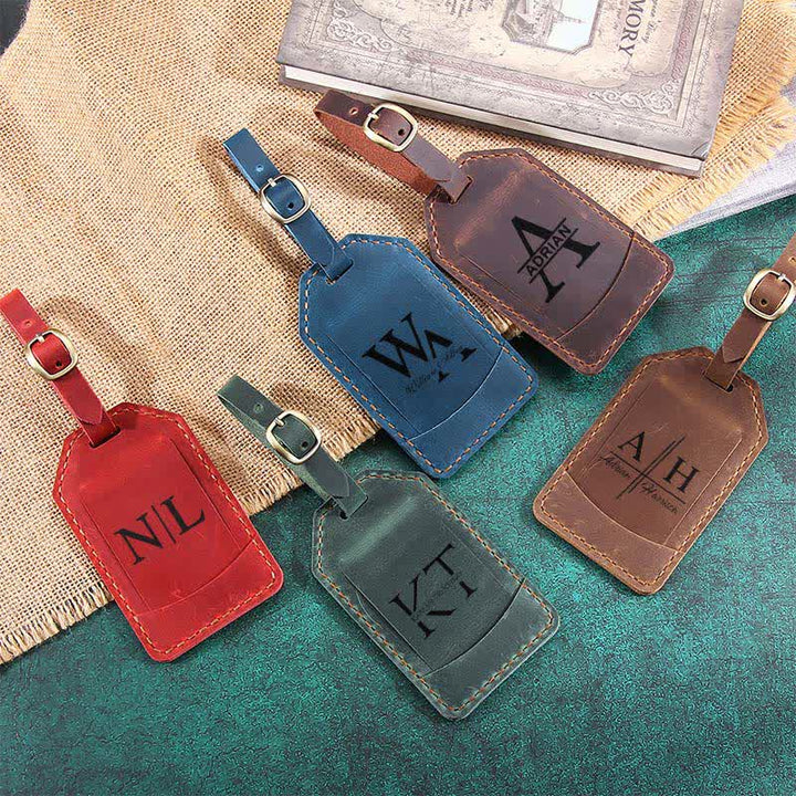 Etiqueta de equipaje de cuero de vaca retro con texto personalizado de una cara