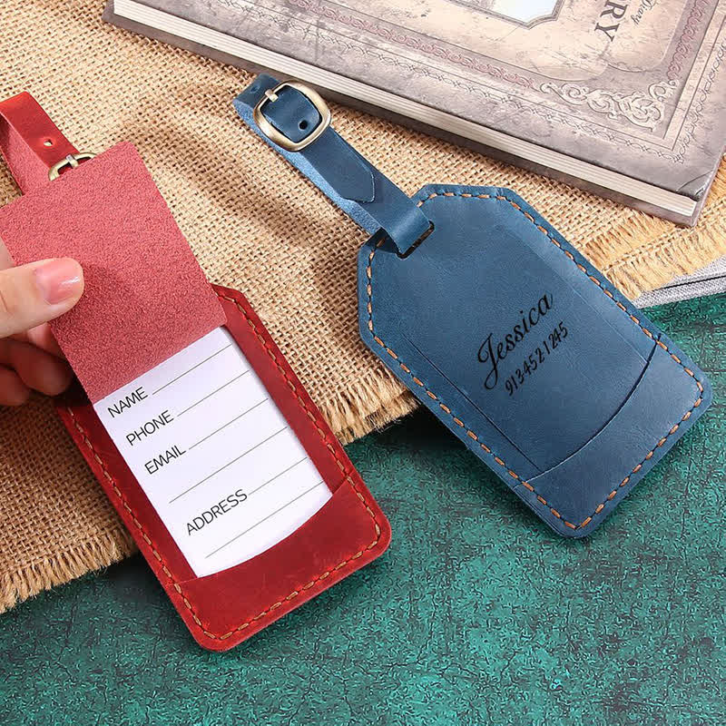 Etiqueta de equipaje de cuero de vaca retro con texto personalizado de una cara