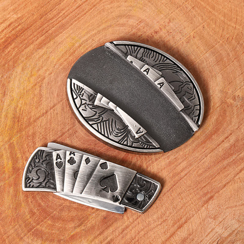 Cinturón de cuero con navaja plegable oculta Poker 4 Ace para hombre - image 3