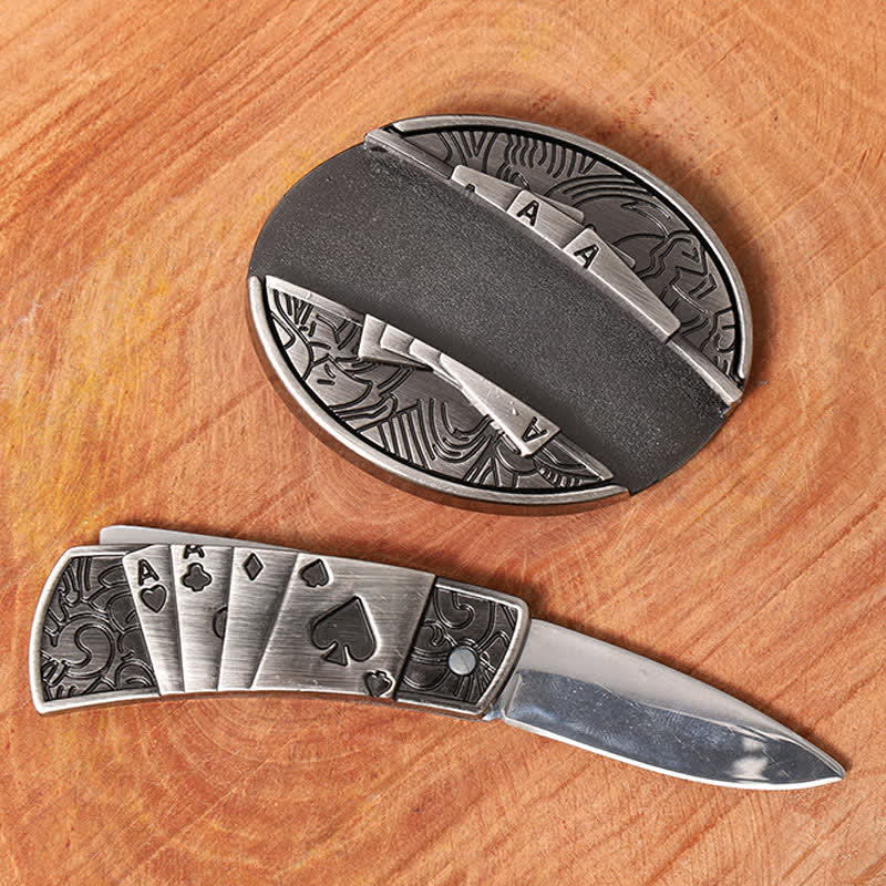 Cinturón de cuero con navaja plegable oculta Poker 4 Ace para hombre - image 1