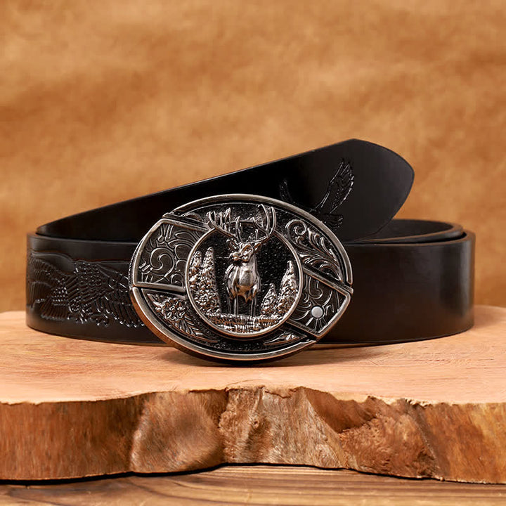 Cinturón de cuero con cuchillo plegable oculto para hombre, hecho a mano con diseño de ciervo del bosque - Ciervo - Cinturón de águila negra en relieve - 42 - image 7