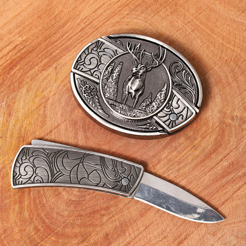 Cinturón de cuero con cuchillo plegable oculto para hombre, hecho a mano con diseño de ciervo del bosque - image 1