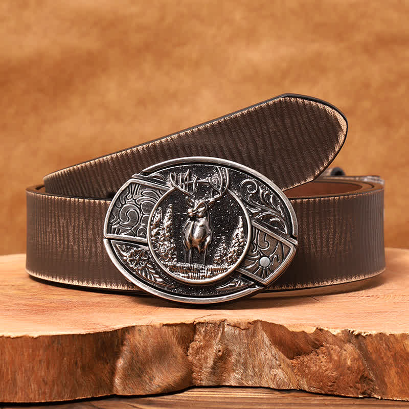 Cinturón de cuero con cuchillo plegable oculto para hombre, hecho a mano con diseño de ciervo del bosque - Ciervo - Cinturón marrón desgastado - 42 - image 10