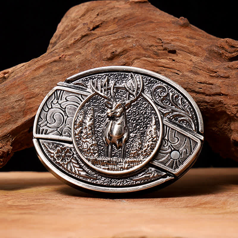 Cinturón de cuero con cuchillo plegable oculto para hombre, hecho a mano con diseño de ciervo del bosque - Ciervo - Sin cinturón - Cinturón no incluido - image 0