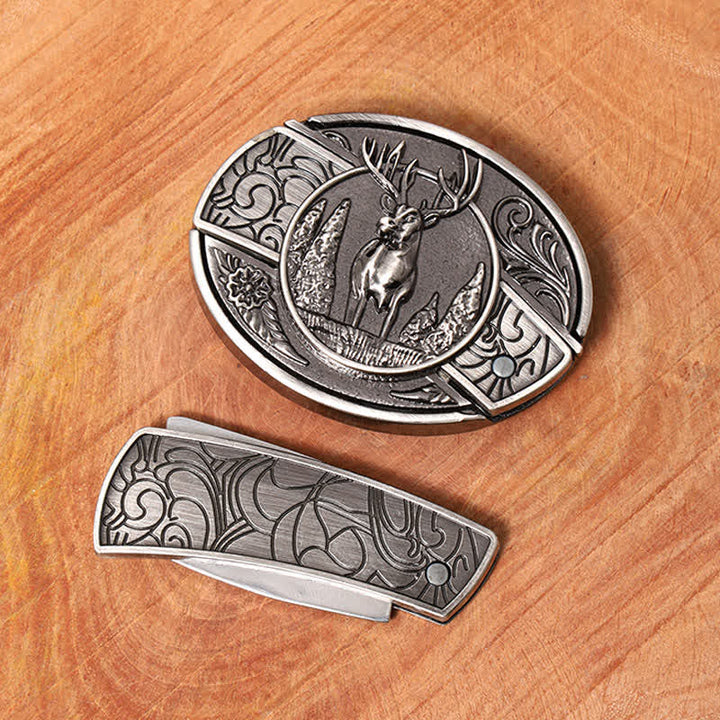 Cinturón de cuero con cuchillo plegable oculto para hombre, hecho a mano con diseño de ciervo del bosque - image 3