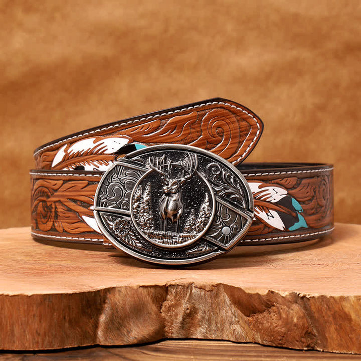 Cinturón de cuero con cuchillo plegable oculto para hombre, hecho a mano con diseño de ciervo del bosque - Ciervo - Cinturón de plumas marrones - 40 - image 11