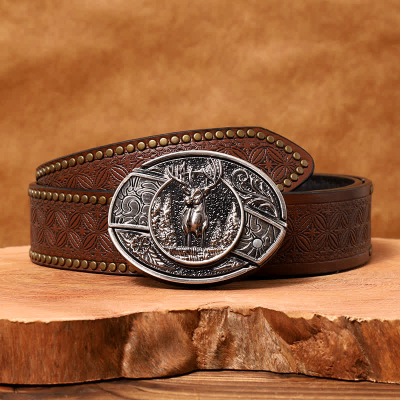 Cinturón de cuero con cuchillo plegable oculto para hombre, hecho a mano con diseño de ciervo del bosque - Ciervo - Cinturón con remaches marrones - 42 - image 9