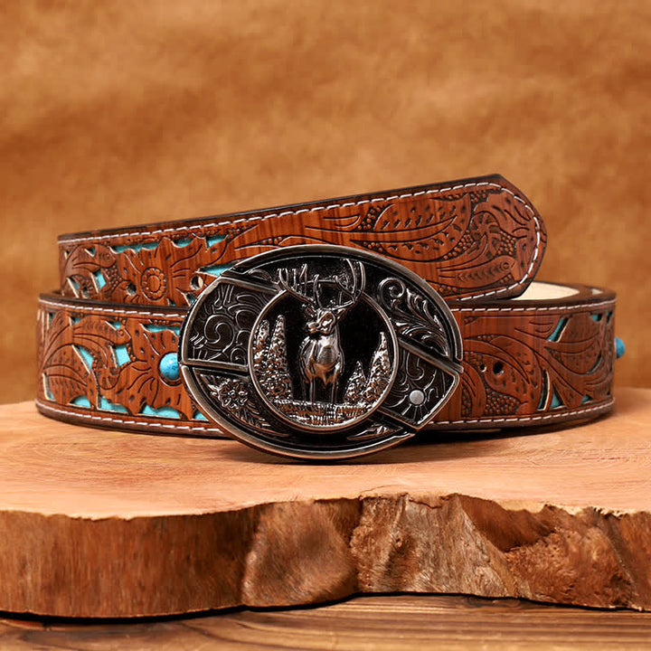 Cinturón de cuero con cuchillo plegable oculto para hombre, hecho a mano con diseño de ciervo del bosque - Ciervo - Cinturón tallado en turquesa - 42 - image 6