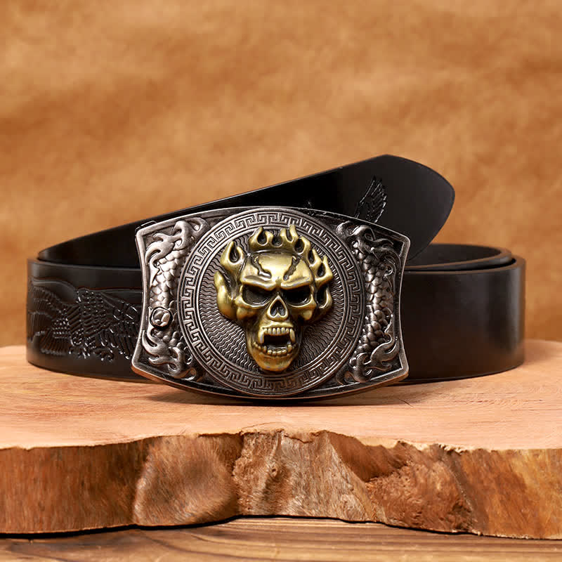 Cinturón de cuero con cuchillo plegable oculto con calavera en llamas para hombre