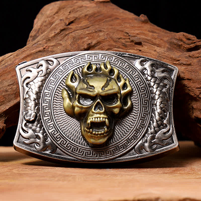 Cinturón de cuero con cuchillo plegable oculto con calavera en llamas para hombre - Calavera en llamas - Sin cinturón - Cinturón no incluido - image 0