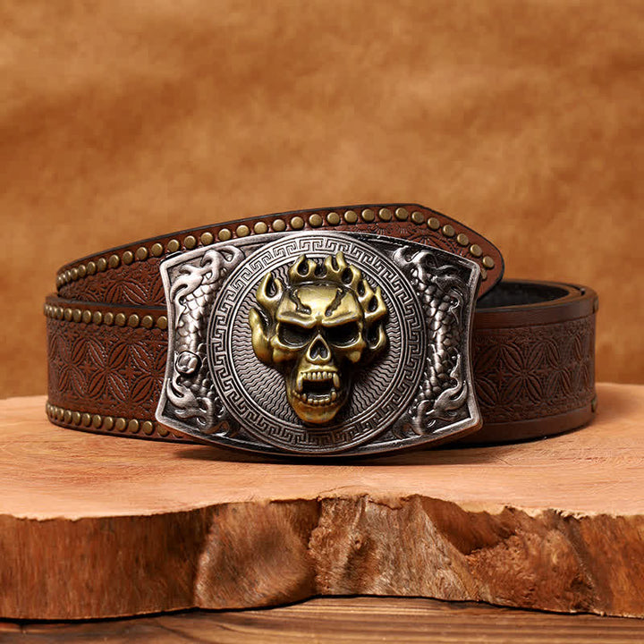 Cinturón de cuero con cuchillo plegable oculto con calavera en llamas para hombre