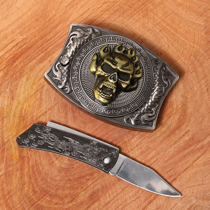 Cinturón de cuero con cuchillo plegable oculto con calavera en llamas para hombre