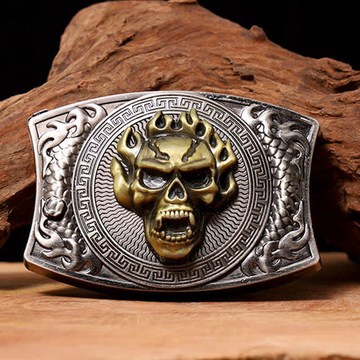 Cinturón de cuero con cuchillo plegable oculto con calavera en llamas para hombre