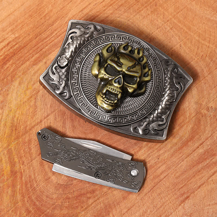 Cinturón de cuero con cuchillo plegable oculto con calavera en llamas para hombre