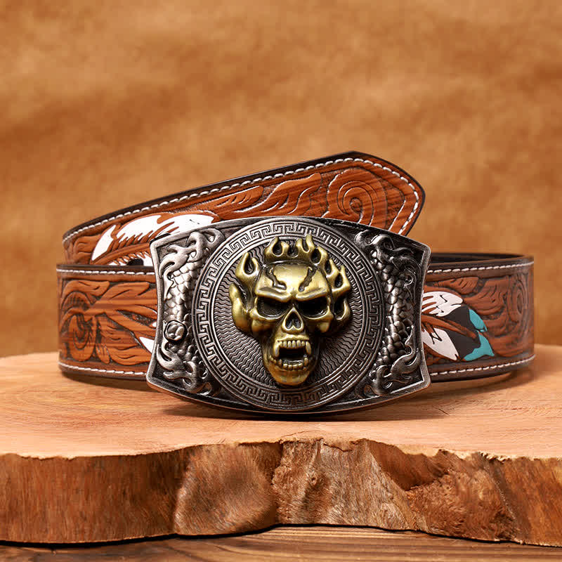 Cinturón de cuero con cuchillo plegable oculto con calavera en llamas para hombre - Calavera en llamas - Cinturón de plumas marrones - 40 - image 10