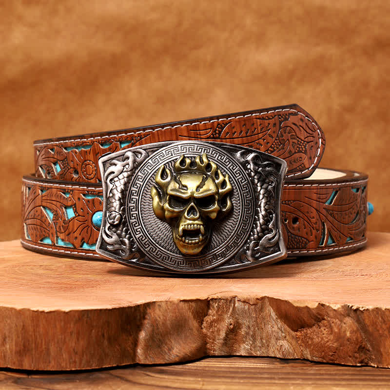 Cinturón de cuero con cuchillo plegable oculto con calavera en llamas para hombre