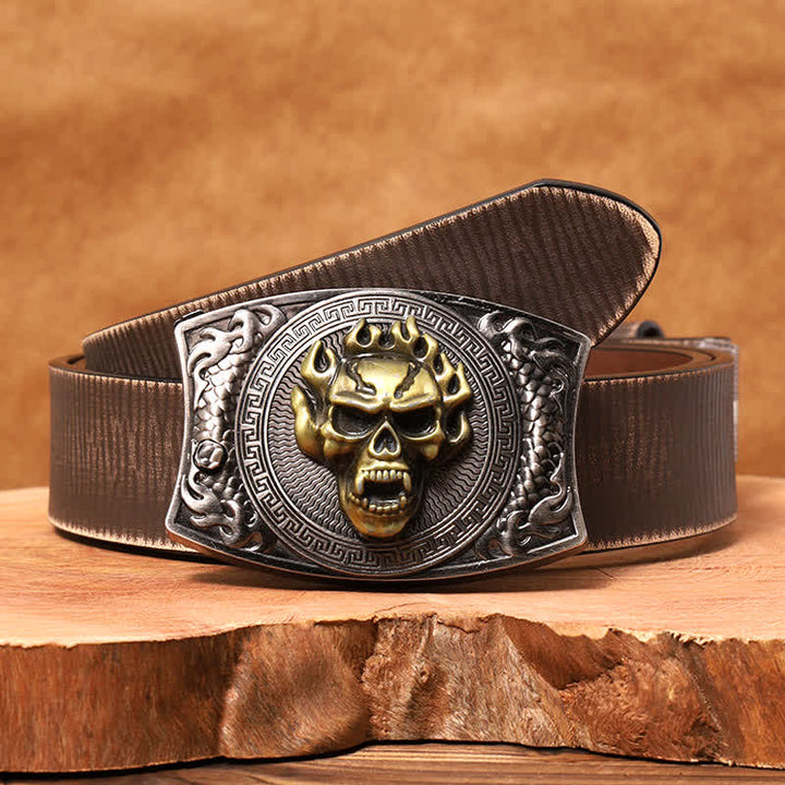 Cinturón de cuero con cuchillo plegable oculto con calavera en llamas para hombre - Calavera en llamas - Cinturón marrón desgastado - 42 - image 9