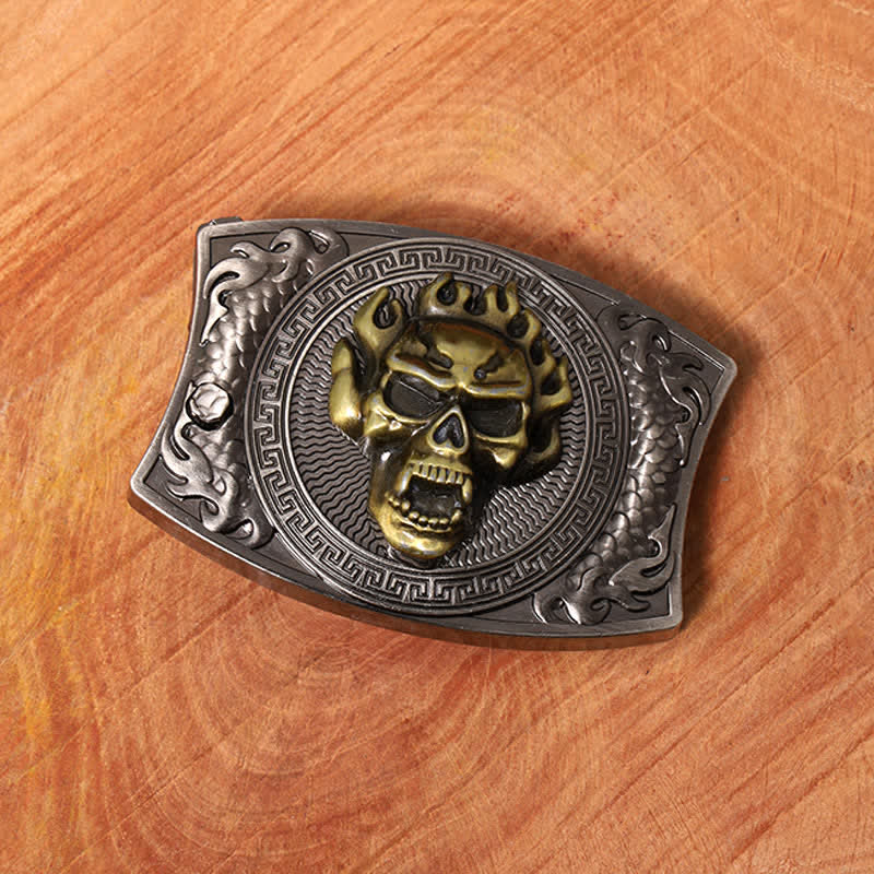 Cinturón de cuero con cuchillo plegable oculto con calavera en llamas para hombre