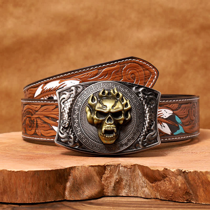 Cinturón de cuero con cuchillo plegable oculto con calavera en llamas para hombre
