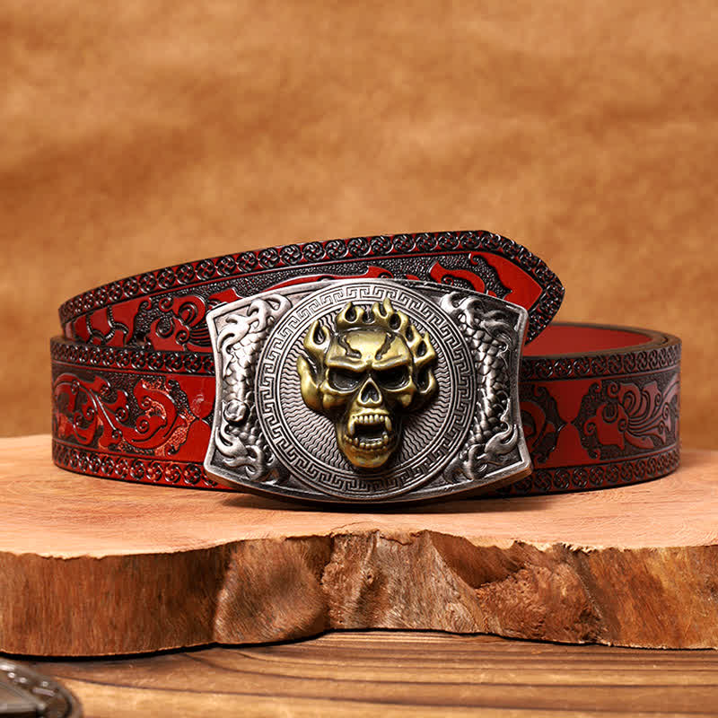 Cinturón de cuero con cuchillo plegable oculto con calavera en llamas para hombre