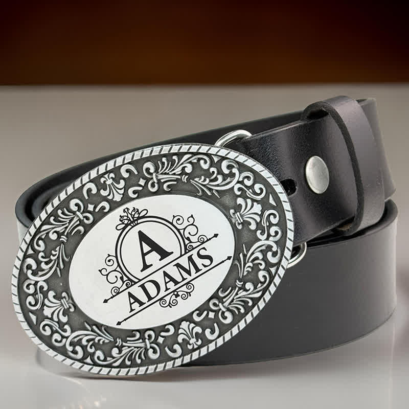Cinturón de cuero con hebilla DIY y monograma con nombre grabado personalizado y redondo - image 0